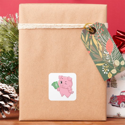 Roze varken met geld dat duim omhoog geeft vierkante sticker