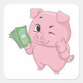 Roze varken met geld dat duim omhoog geeft vierkante sticker (Voorkant)