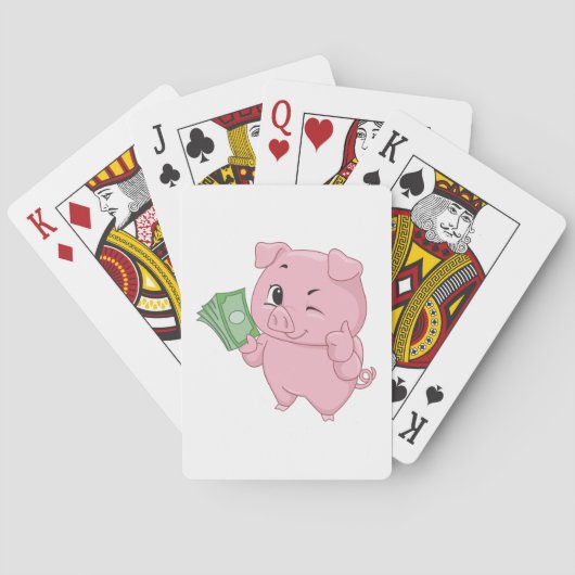 Roze varken met geld dat duimen omhoog geeft pokerkaarten (Achterkant)