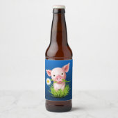 Roze varken met groen gras boven blauw bier etiket (Voorkant)