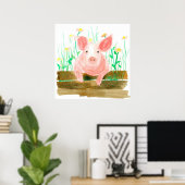 Roze varken op een hek Boerderij boerderijdier Poster (Thuiskantoor)