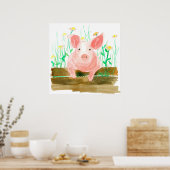 Roze varken op een hek Boerderij boerderijdier Poster (Keuken)