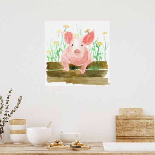 Roze varken op een hek boerderij boerderijdier poster (Keuken)