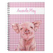 Roze Varken Watervlek Gingham Streep Monogram Notitieboek (Voorkant)
