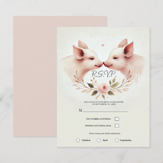 Roze Varkens Snout naar Snout Bloemen Rustiek RSVP Kaart (Voorkant / Achterkant)