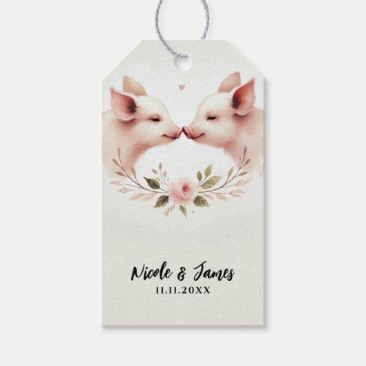 Roze Varkens Snout Naar Snout Bloemen Rustieke Huw Cadeaulabel (Voorkant)