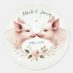 Roze Varkens Snout Naar Snout Bloemen Rustieke Huw Ronde Sticker