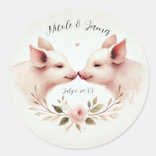 Roze Varkens Snout Naar Snout Bloemen Rustieke Huw Ronde Sticker (Voorkant)