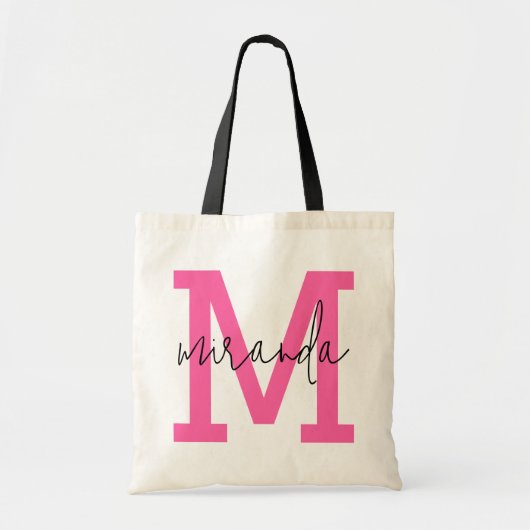 Roze Varsity Letter Monogram Cursief Script Name Tote Bag (Voorkant)