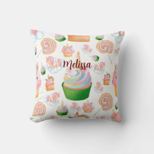 Roze vaste naam gepersonaliseerde Cupcake Unicorn Kussen