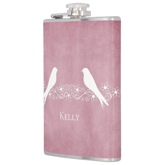 Roze vederbloemkolf voor wijnbereiding op maat heupfles (Links)