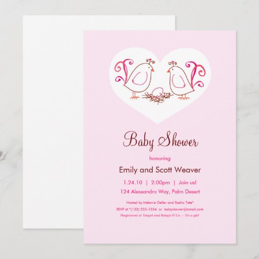 Roze vedervogels en nestbabydouches kaart (Voorkant / Achterkant)