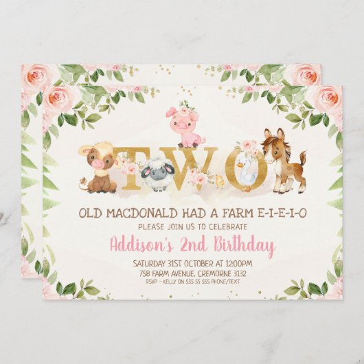 Roze veeteeltdieren Tweede verjaardag Kaart (Voorkant / Achterkant)