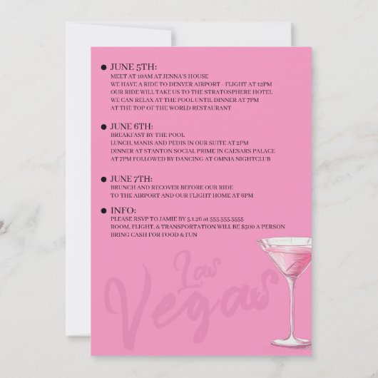 Roze Vegas Bachelorette Party Kaart (Achterkant)