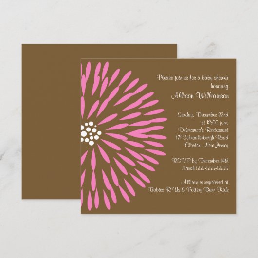 Roze ventiel op uitnodiging van bruin Baby shower (Voorkant / Achterkant)