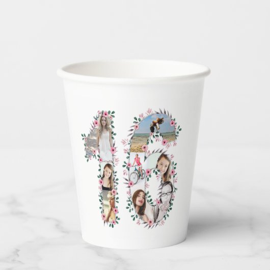 Roze ventilator 16e verjaardag meisje Foto Collage Papieren Bekers (Voorkant)