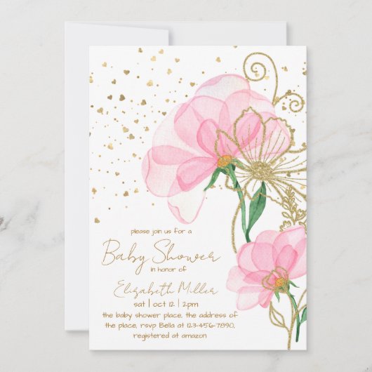 Roze ventilator Gold Glitter Baby shower Uitnodigi Kaart (Voorkant)