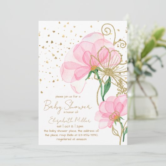 Roze ventilator Gold Glitter Baby shower Uitnodigi Kaart (Staand voorkant)