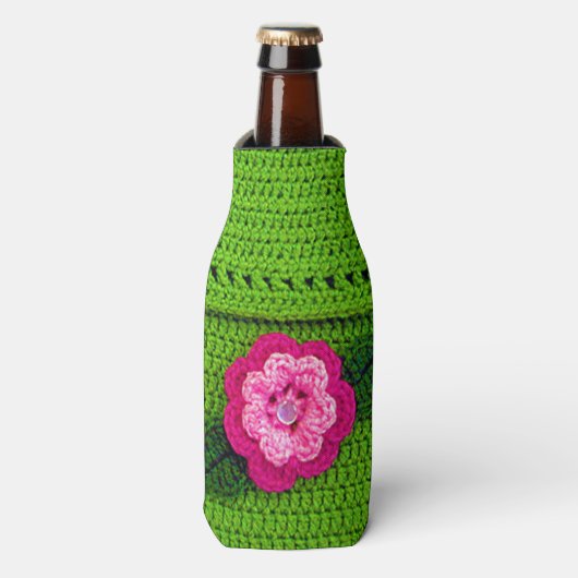 Roze ventilator met Pearl Button Light Green Croch Flesjeskoeler (Fles Voorkant)