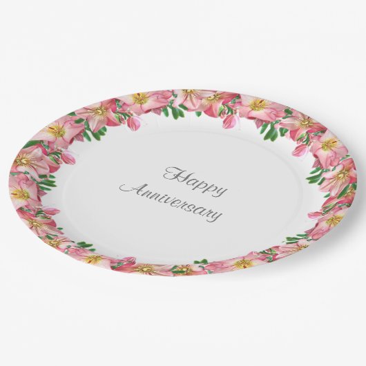 Roze ventilator op White Happy Jubileum Papieren Bordje (Gekanteld)