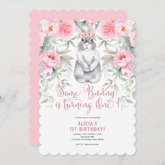 Roze ventilator, Waterverf, een Bunny is een Kaart (Voorkant / Achterkant)