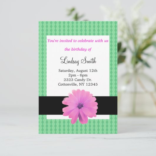 Roze ventilator zwarte ribbon geboortedag uitnodig kaart (Staand voorkant)