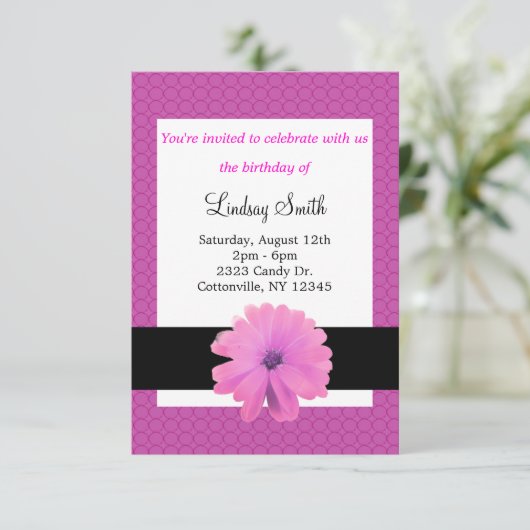 Roze ventilator zwarte ribbon geboortedag uitnodig kaart (Staand voorkant)