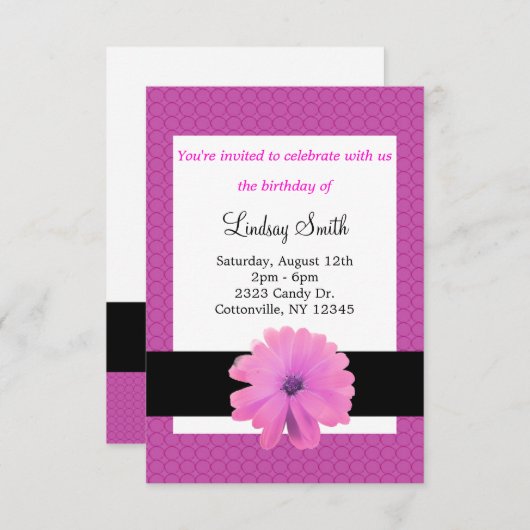 Roze ventilator zwarte ribbon geboortedag uitnodig kaart (Voorkant / Achterkant)