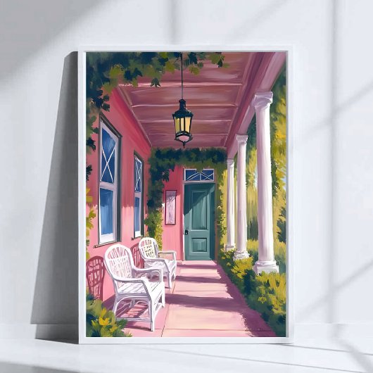 Roze veranda | Botanisch dek bloemenschildering in Poster