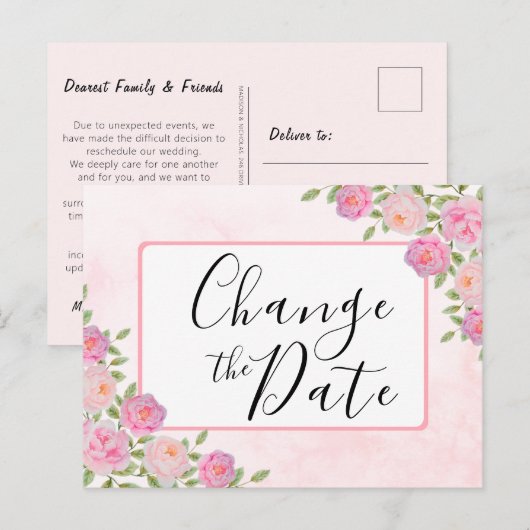 Roze Verander de datum Uitgestelde aankondiging va Briefkaart (Voorkant / Achterkant)
