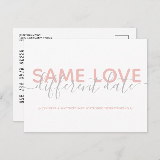 Roze Verander de datum van de bruiloft typografie  Aankondigingskaart (Voorkant / Achterkant)