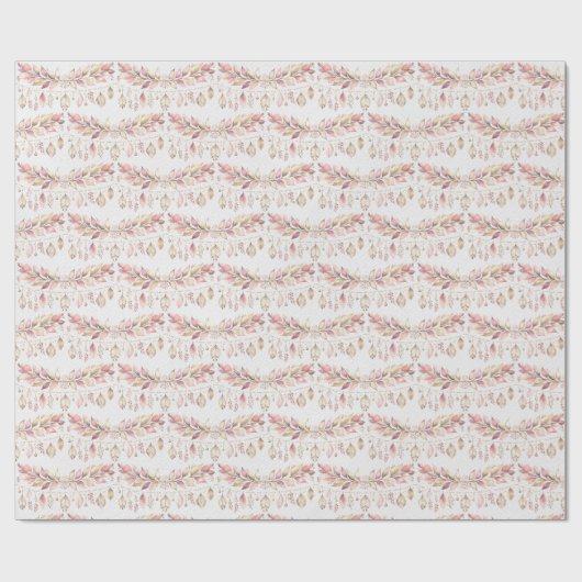 Roze veren en bladeren cadeaupapier (Vlak)