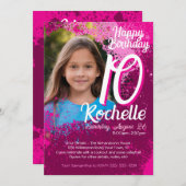 Roze verf Splatter Foto 10e verjaardag Uitnodigen Kaart (Voorkant / Achterkant)
