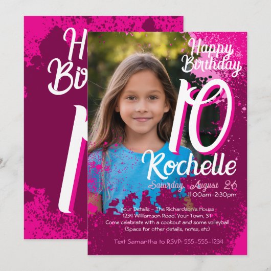 Roze verf Splatter Foto 10e verjaardag Uitnodigen Kaart (Voorkant / Achterkant)