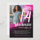 Roze verf Splatter Foto 14e verjaardag uitnodiging (Voorkant)