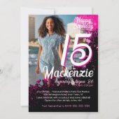 Roze verf Splatter Foto 15e verjaardag uitnodiging (Voorkant)