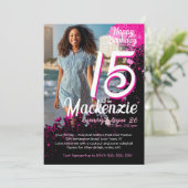 Roze verf Splatter Foto 15e verjaardag uitnodiging (Staand voorkant)