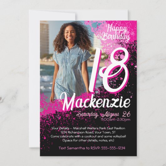 Roze verf Splatter Foto 18e verjaardag uitnodiging (Voorkant)