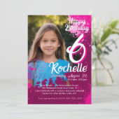 Roze Verf Splatter Foto 6e Verjaardag Uitnodigen Kaart (Staand voorkant)
