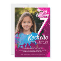 Roze Verf Splatter Foto 7e Verjaardag Uitnodigen