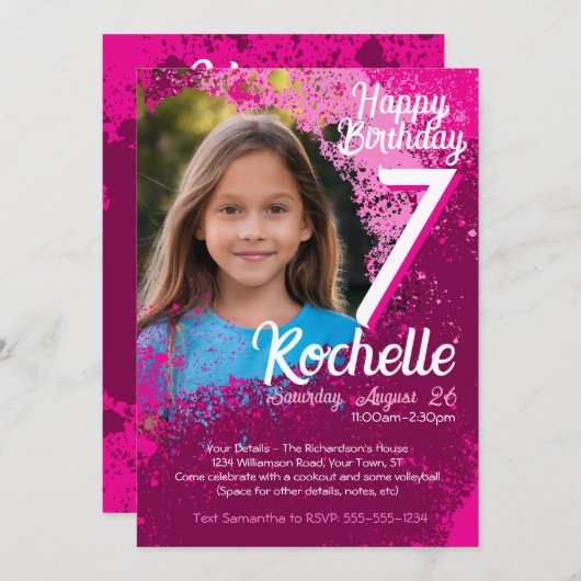 Roze Verf Splatter Foto 7e Verjaardag Uitnodigen Kaart (Voorkant / Achterkant)