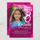 Roze Verf Splatter Foto 8e Verjaardag Uitnodigen Kaart (Voorkant / Achterkant)