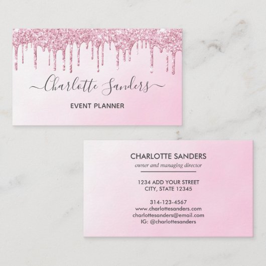 Roze verfgradiënt glitter dripping visitekaartje (Voorkant / Achterkant)