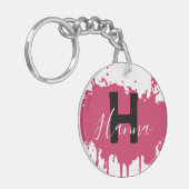 Roze verfspatmonogram acryl tasbedel sleutelhanger (Voorkant Links)
