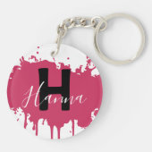 Roze verfspatmonogram acryl tasbedel sleutelhanger (Achterkant)