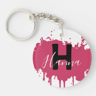Roze verfspatmonogram acryl tasbedel sleutelhanger