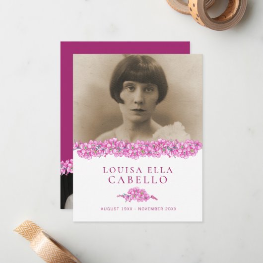 Roze vergeet-me-niet bloemen foto gedicht begrafen notitiekaartje (Voorkant / Achterkant in situ)