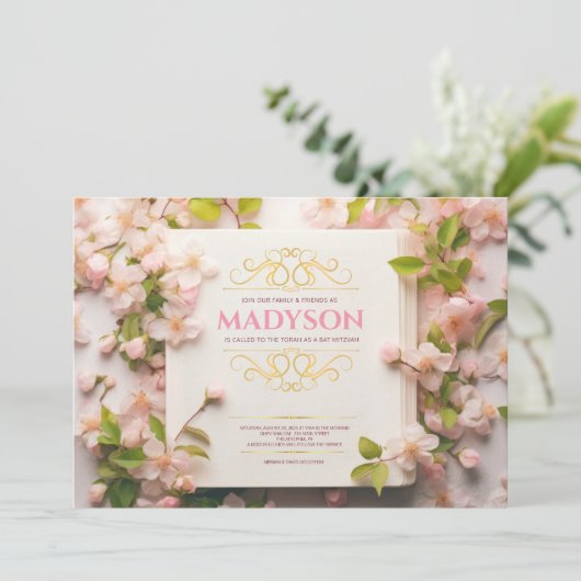  Roze Verhaal Boek Hoesje Bat Mitzvah Party Kaart (Staand voorkant)