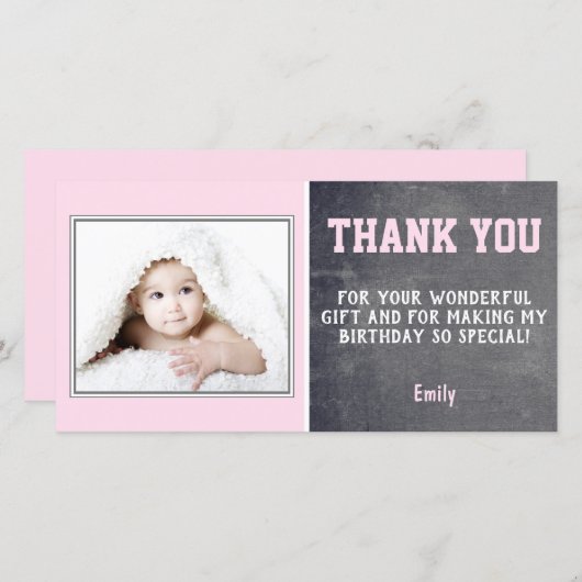 Roze Verjaardag Bedankt Fotokaart Kinderen (Voorkant / Achterkant)