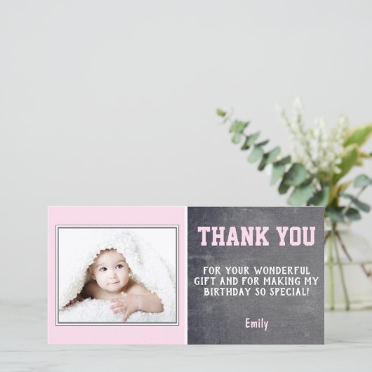 Roze Verjaardag Bedankt Fotokaart Kinderen (Staand voorkant)